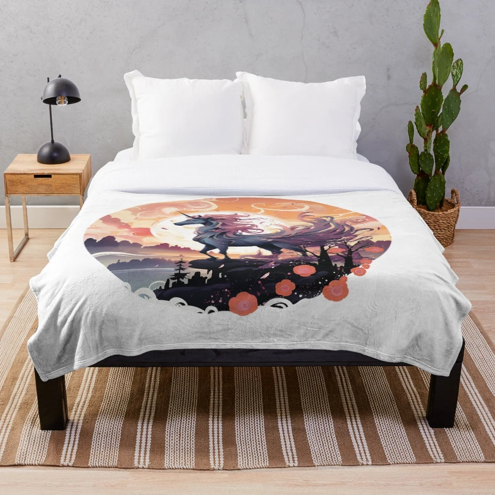 Magical unicorn plush blanket featuring fantasy art design
