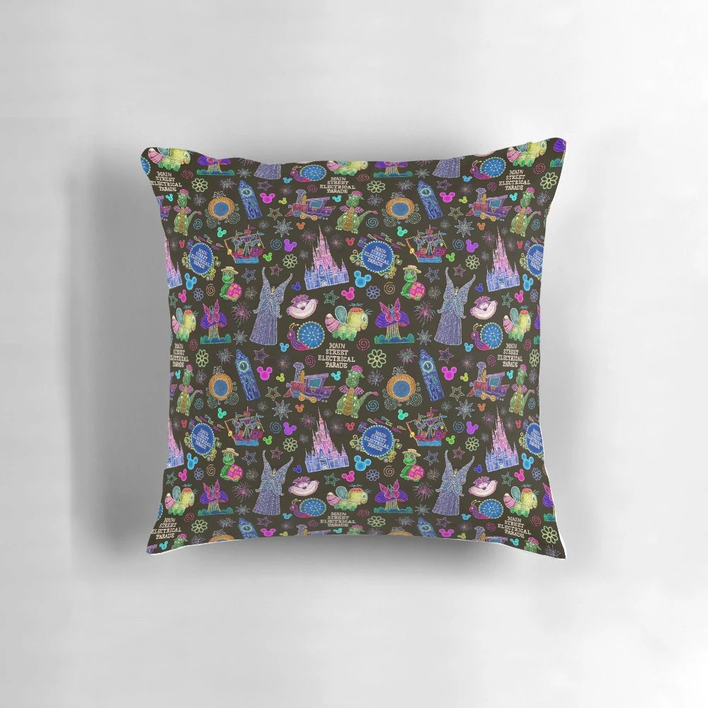 Colorful and vibrant pillow featuring the iconic Main Street Electrical Parade from Disney theme parks
