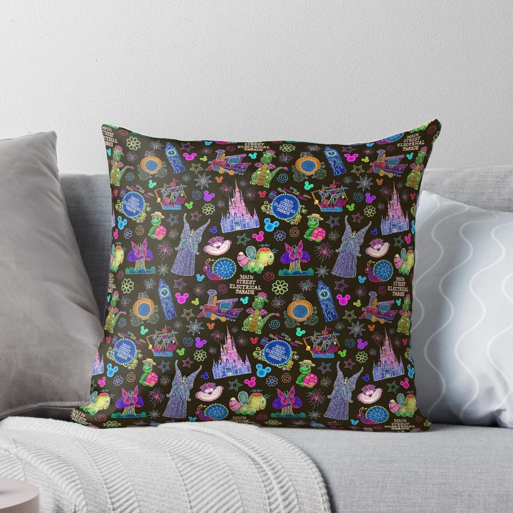 Colorful and vibrant pillow featuring the iconic Main Street Electrical Parade from Disney theme parks