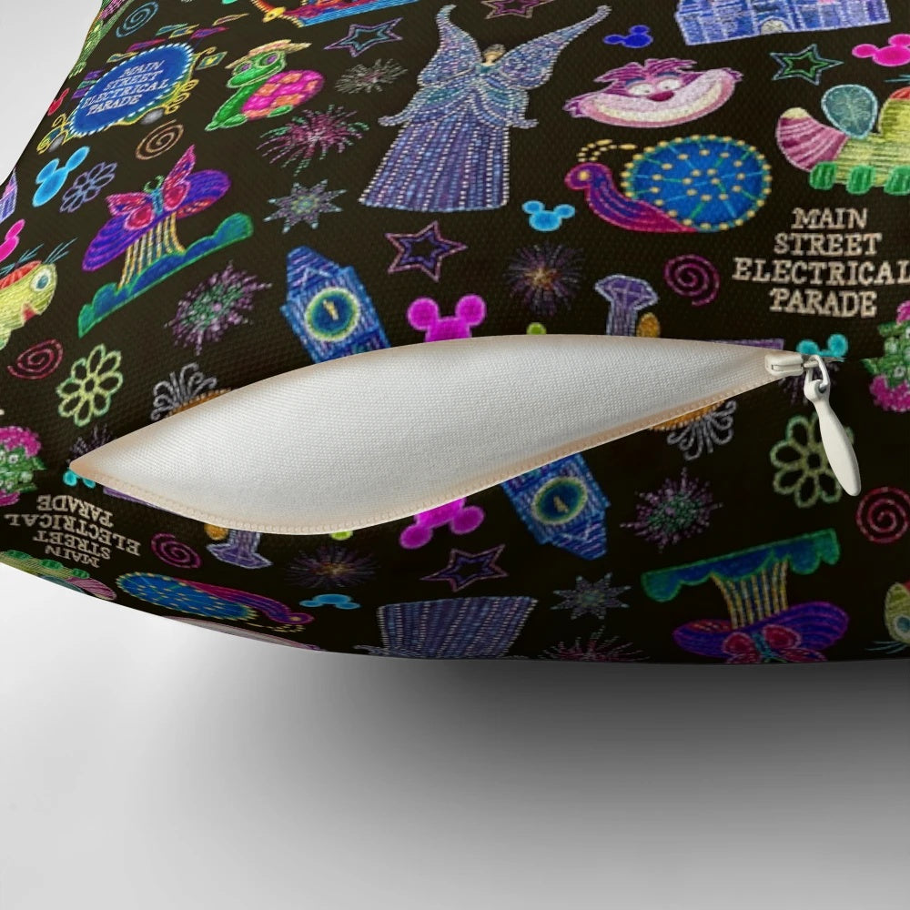 Colorful and vibrant pillow featuring the iconic Main Street Electrical Parade from Disney theme parks