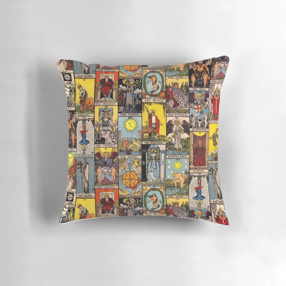 Decorative pillow featuring the iconic Major Arcana tarot cards from the Rider-Waite-Smith deck