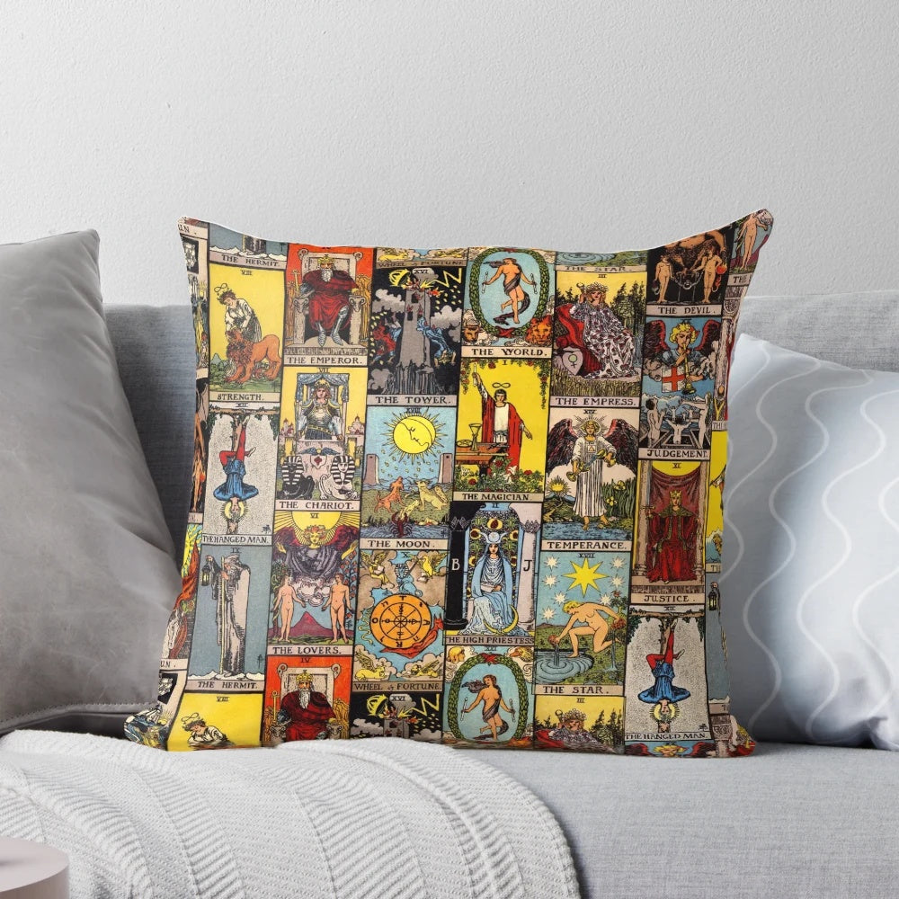 Decorative pillow featuring the iconic Major Arcana tarot cards from the Rider-Waite-Smith deck