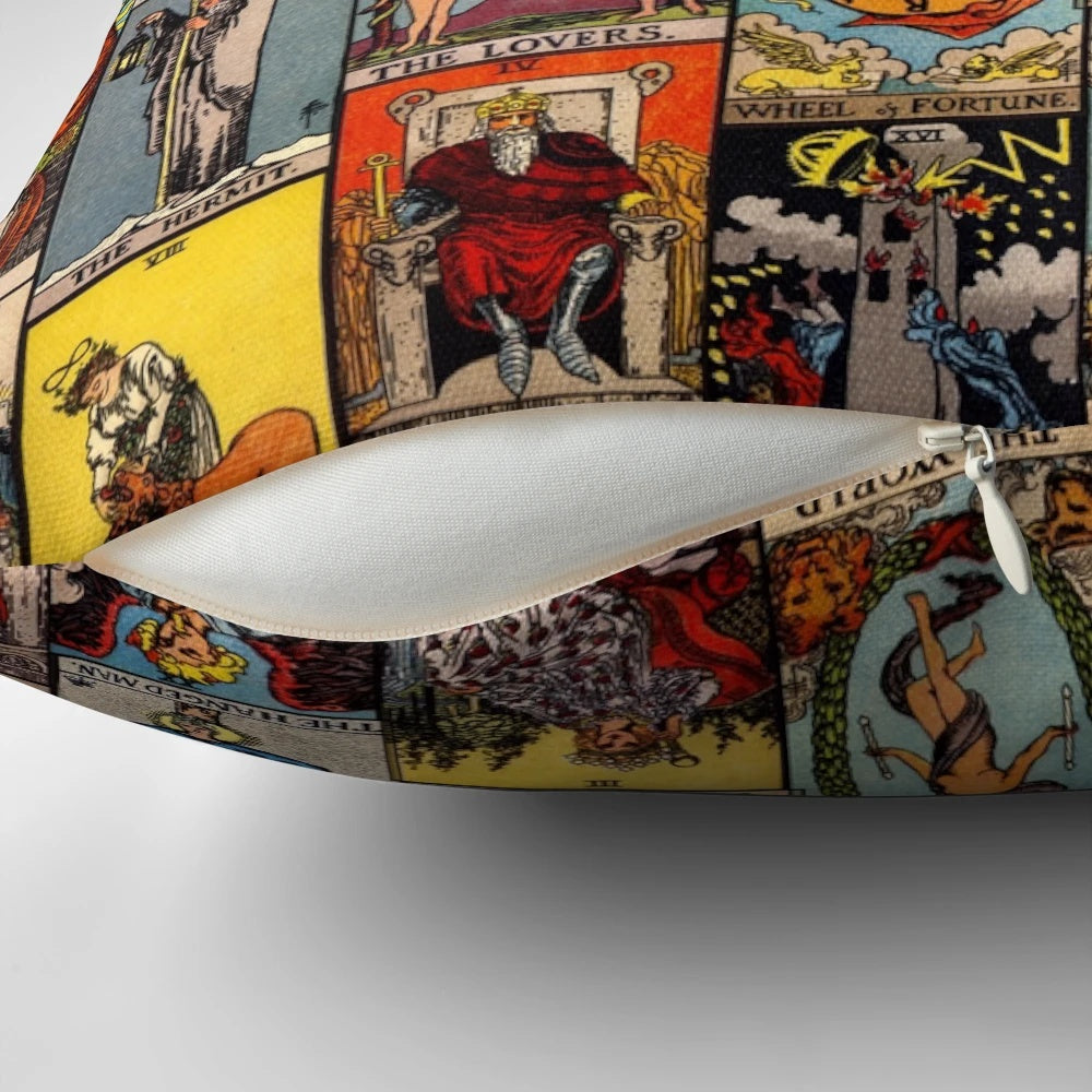 Decorative pillow featuring the iconic Major Arcana tarot cards from the Rider-Waite-Smith deck