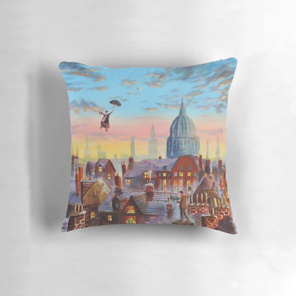 Vibrant pillow featuring the iconic characters Mary Poppins and Bert the Chimney Sweep from the classic Disney film.