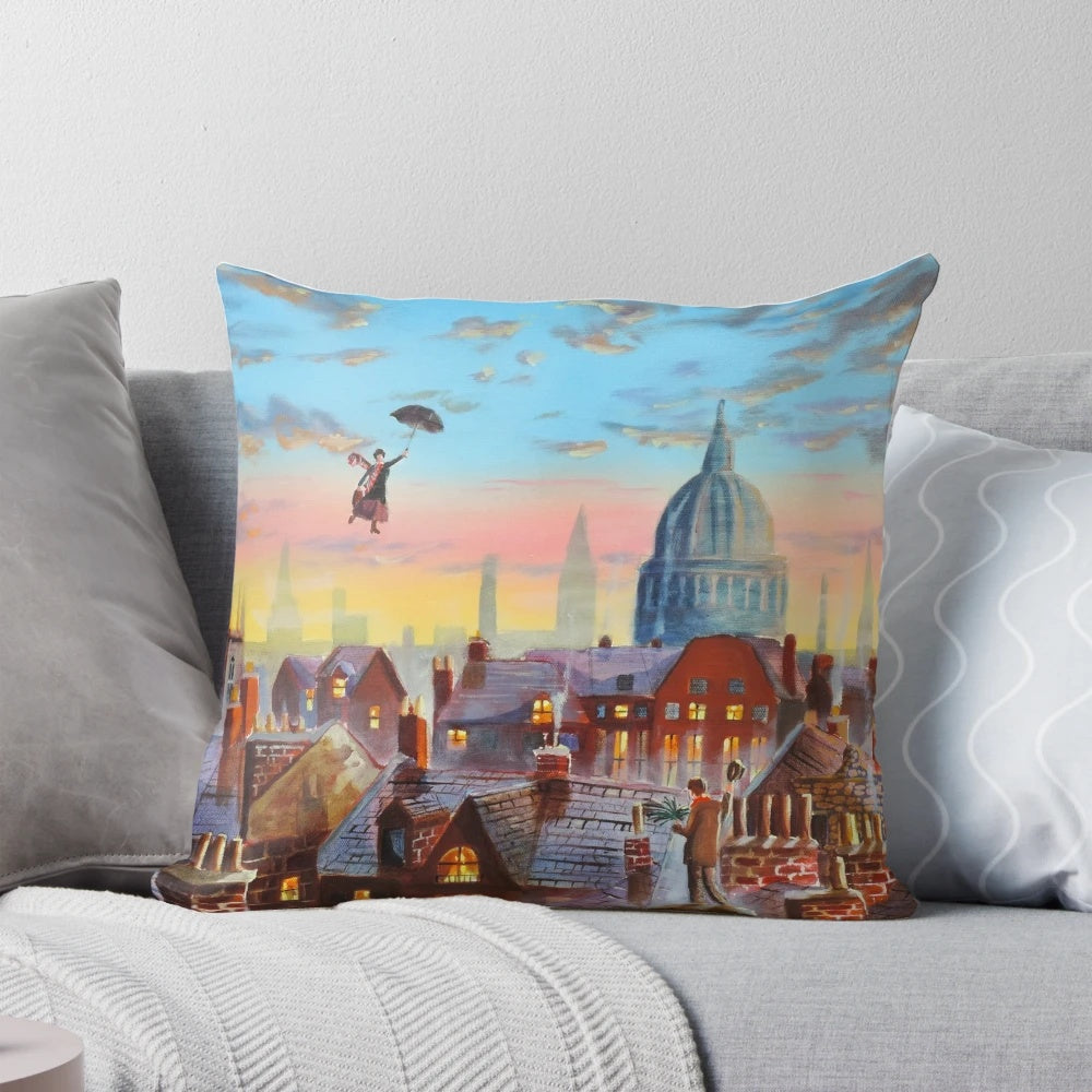 Vibrant pillow featuring the iconic characters Mary Poppins and Bert the Chimney Sweep from the classic Disney film.