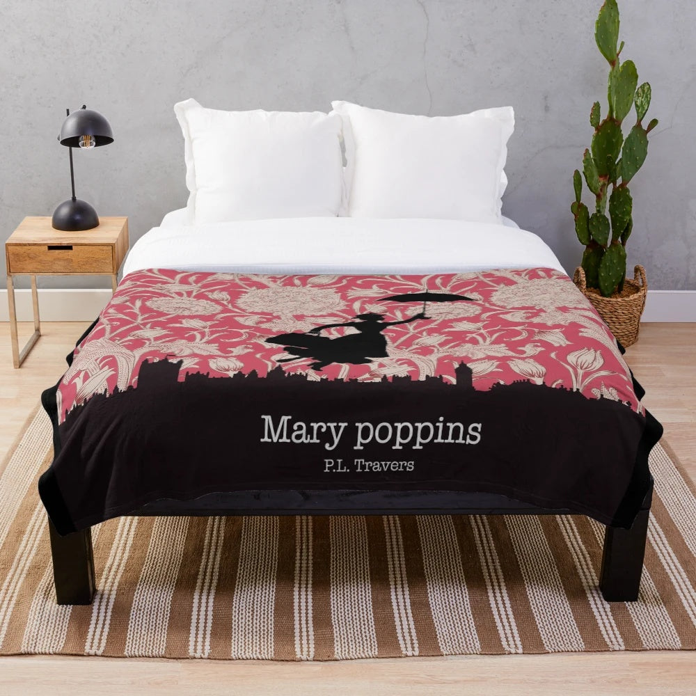 Mary Poppins inspired plush blanket with London skyline and floral design