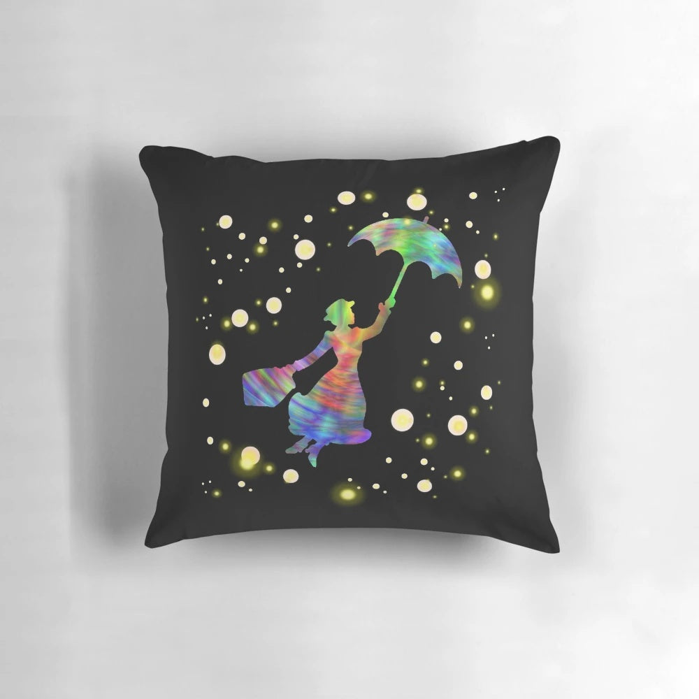 Mary Poppins-themed throw pillow with whimsical nanny character