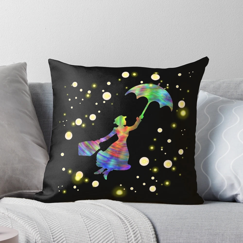Mary Poppins-themed throw pillow with whimsical nanny character