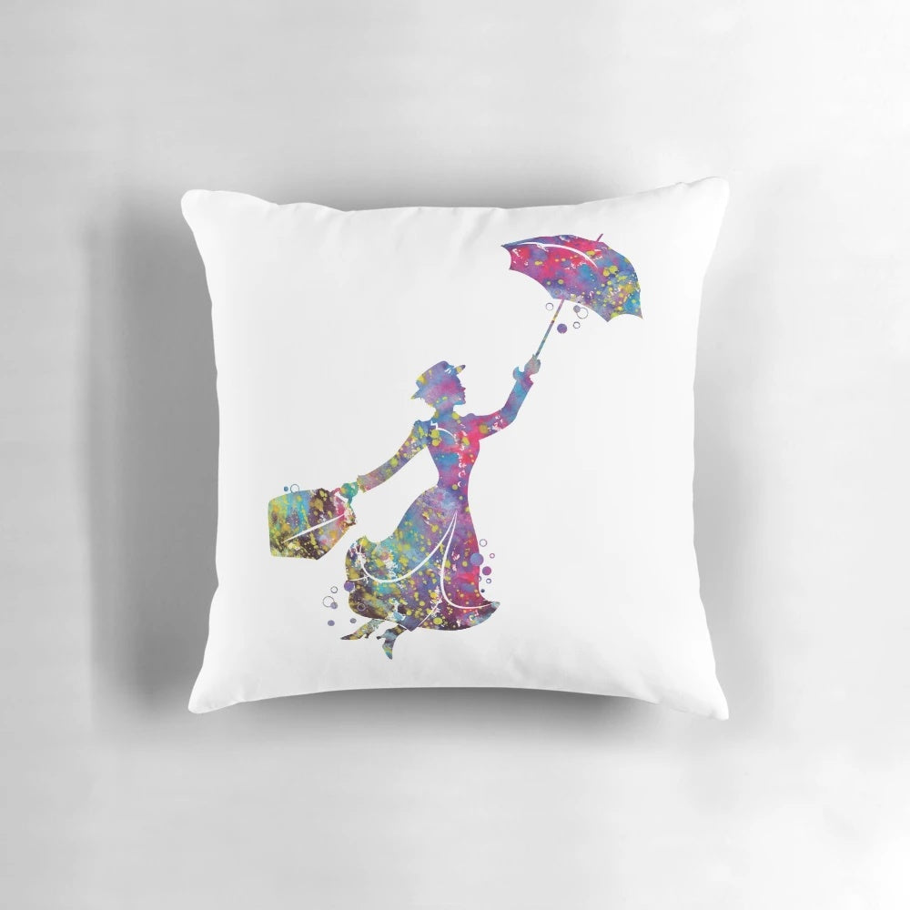 Whimsical watercolor silhouette of Mary Poppins, the classic Disney character