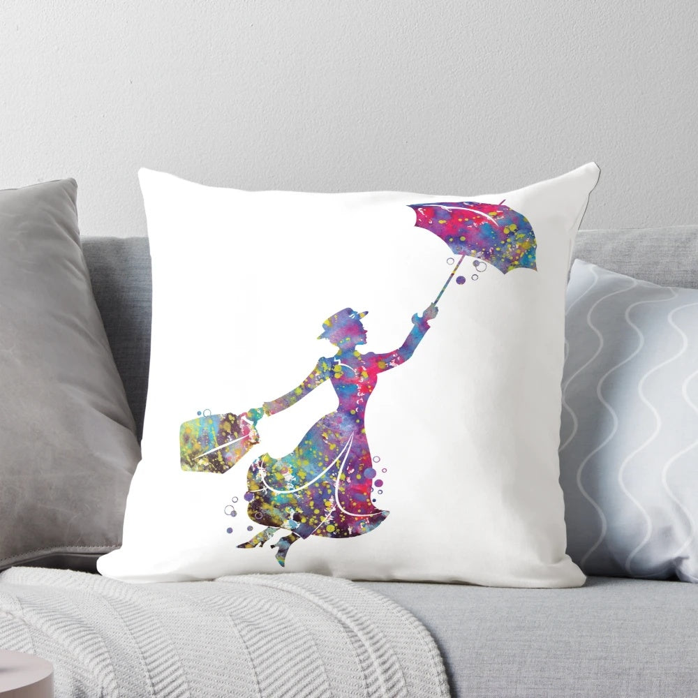 Whimsical watercolor silhouette of Mary Poppins, the classic Disney character