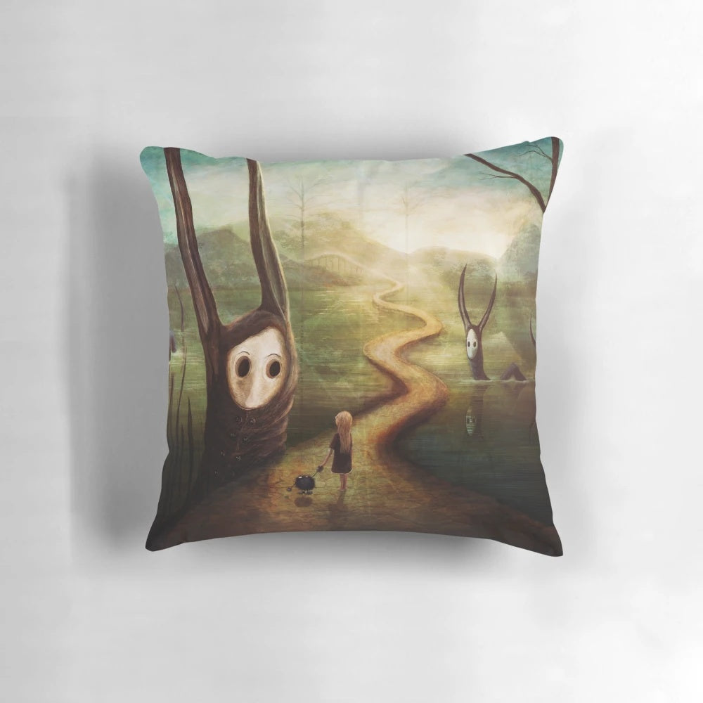 Whimsical and magical pillow featuring a surreal landscape with fantasy creatures