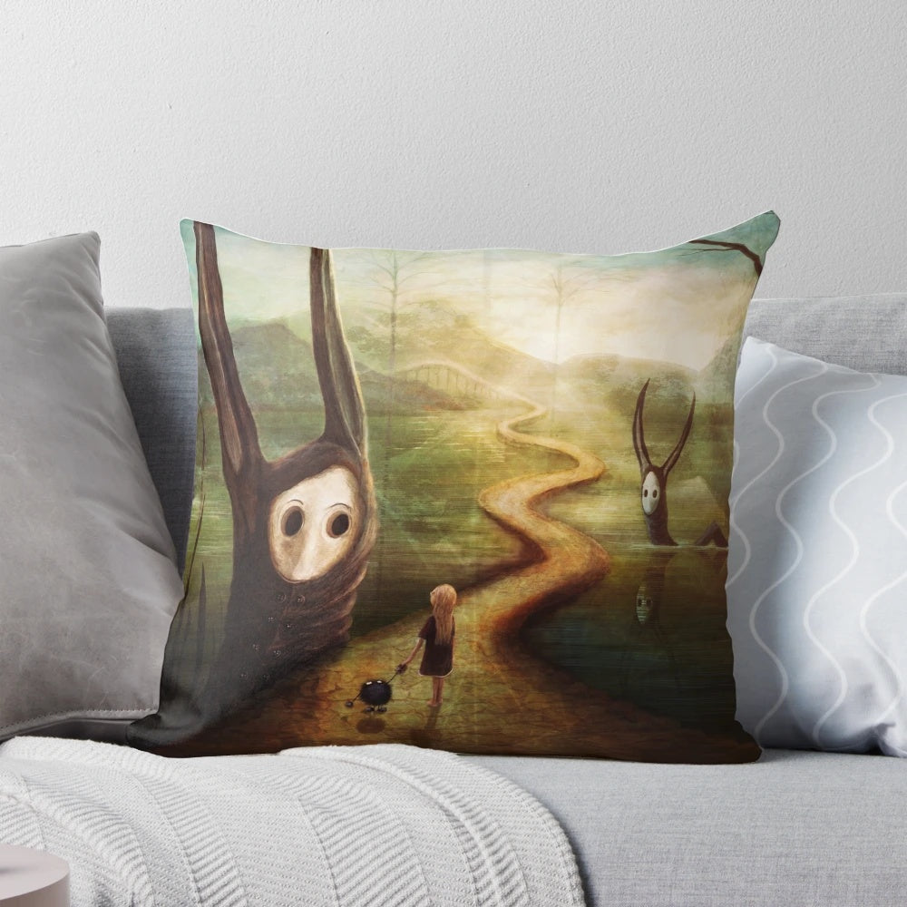 Whimsical and magical pillow featuring a surreal landscape with fantasy creatures