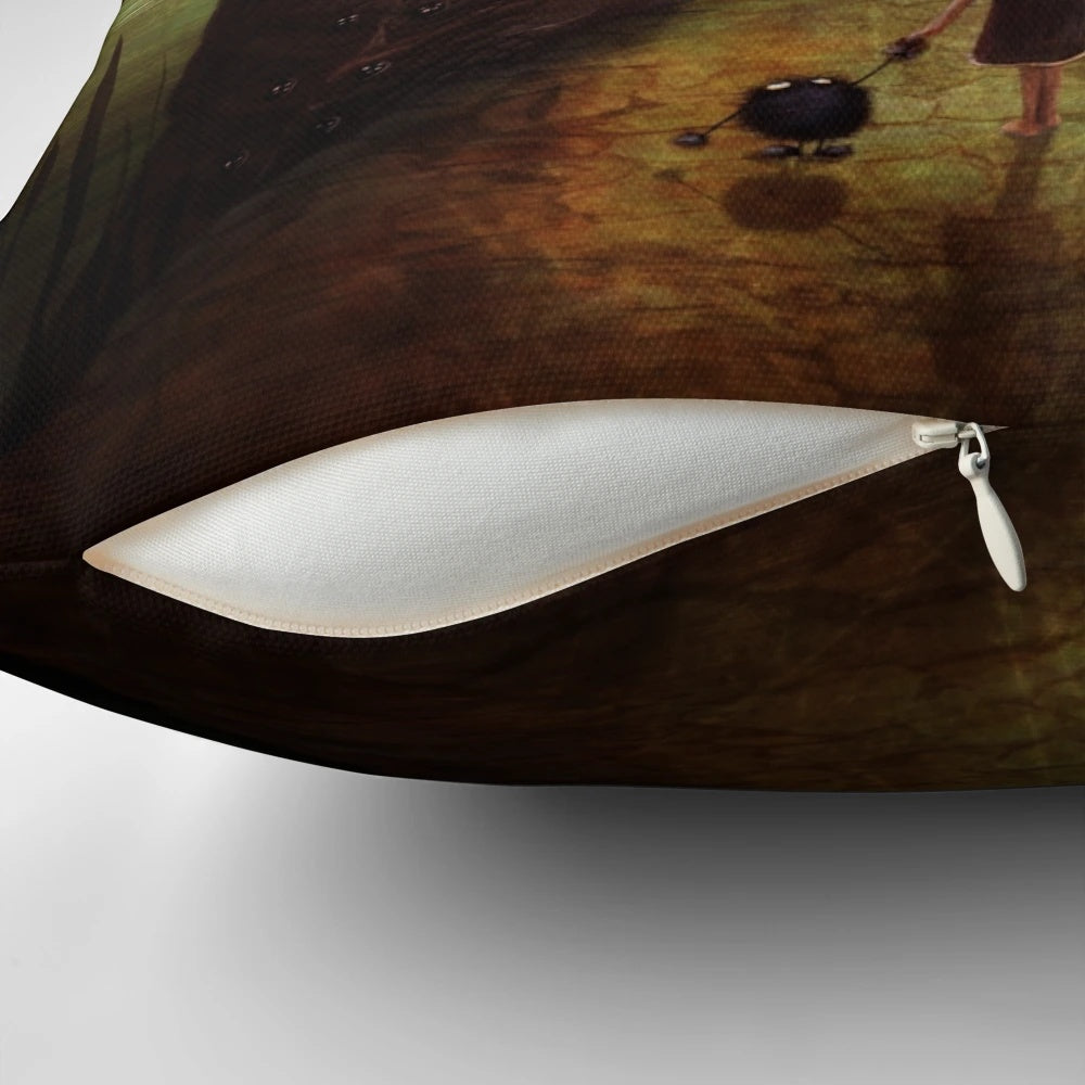 Whimsical and magical pillow featuring a surreal landscape with fantasy creatures