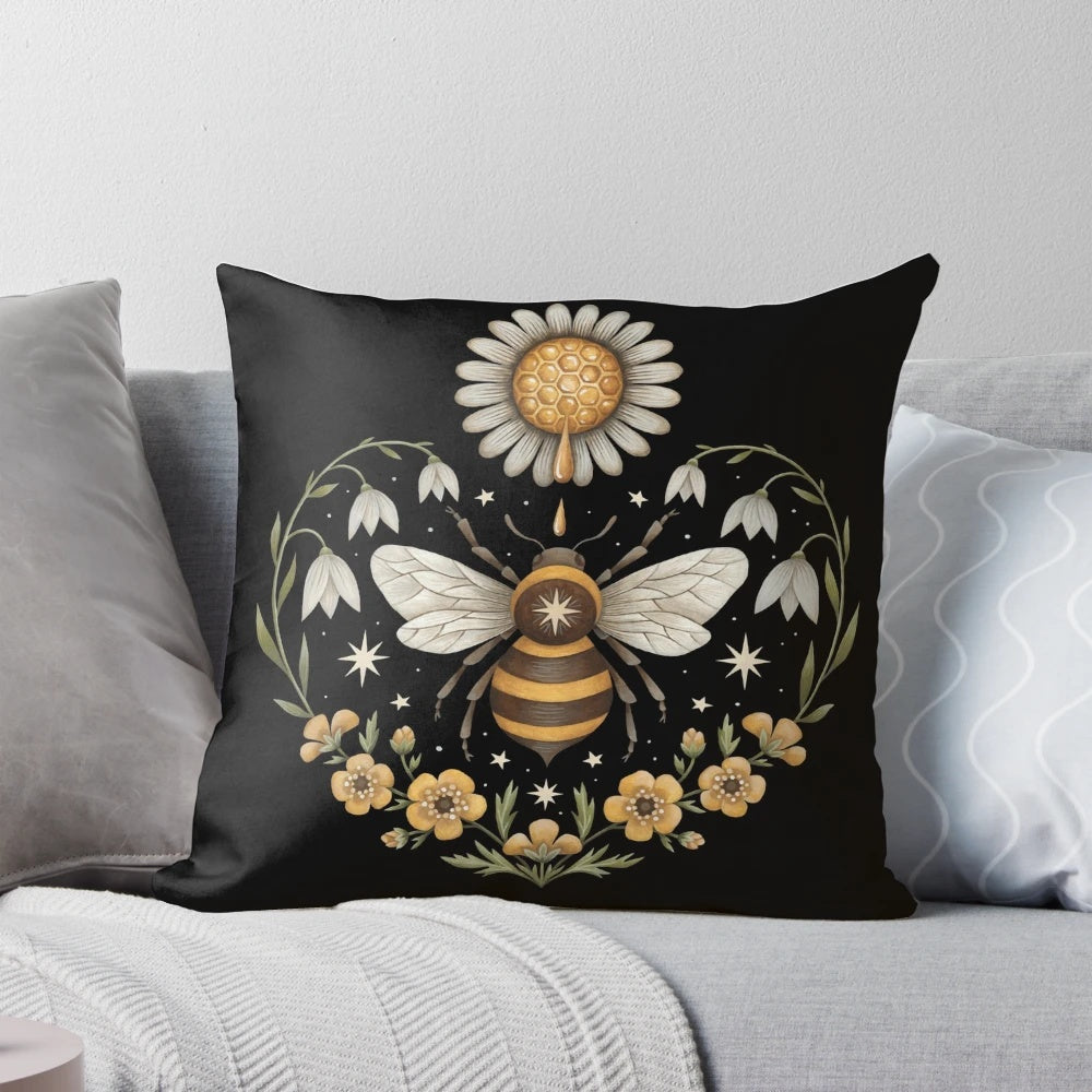 Meadow Gold Pillow with Honeycomb and Floral Designs