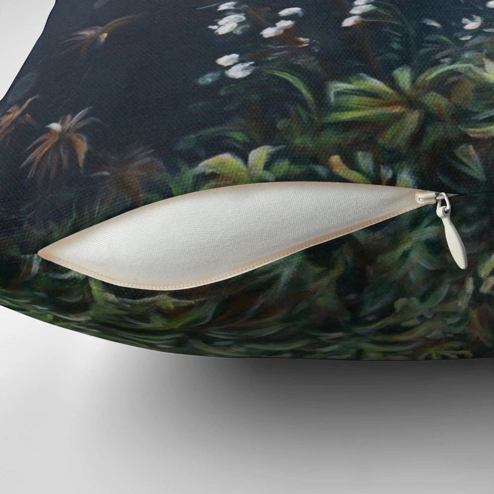 A whimsical pillow featuring a painted meadowlark songbird in a lush, floral meadow setting