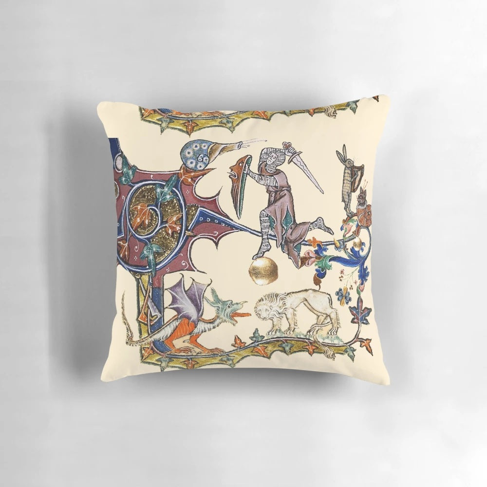 Digital collage depicting a medieval knight fighting a snail, dragon, and lion in a fantastical forest scene.