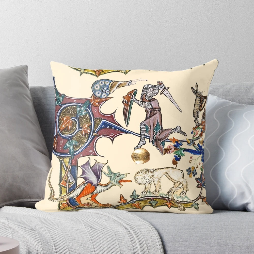 Digital collage depicting a medieval knight fighting a snail, dragon, and lion in a fantastical forest scene.