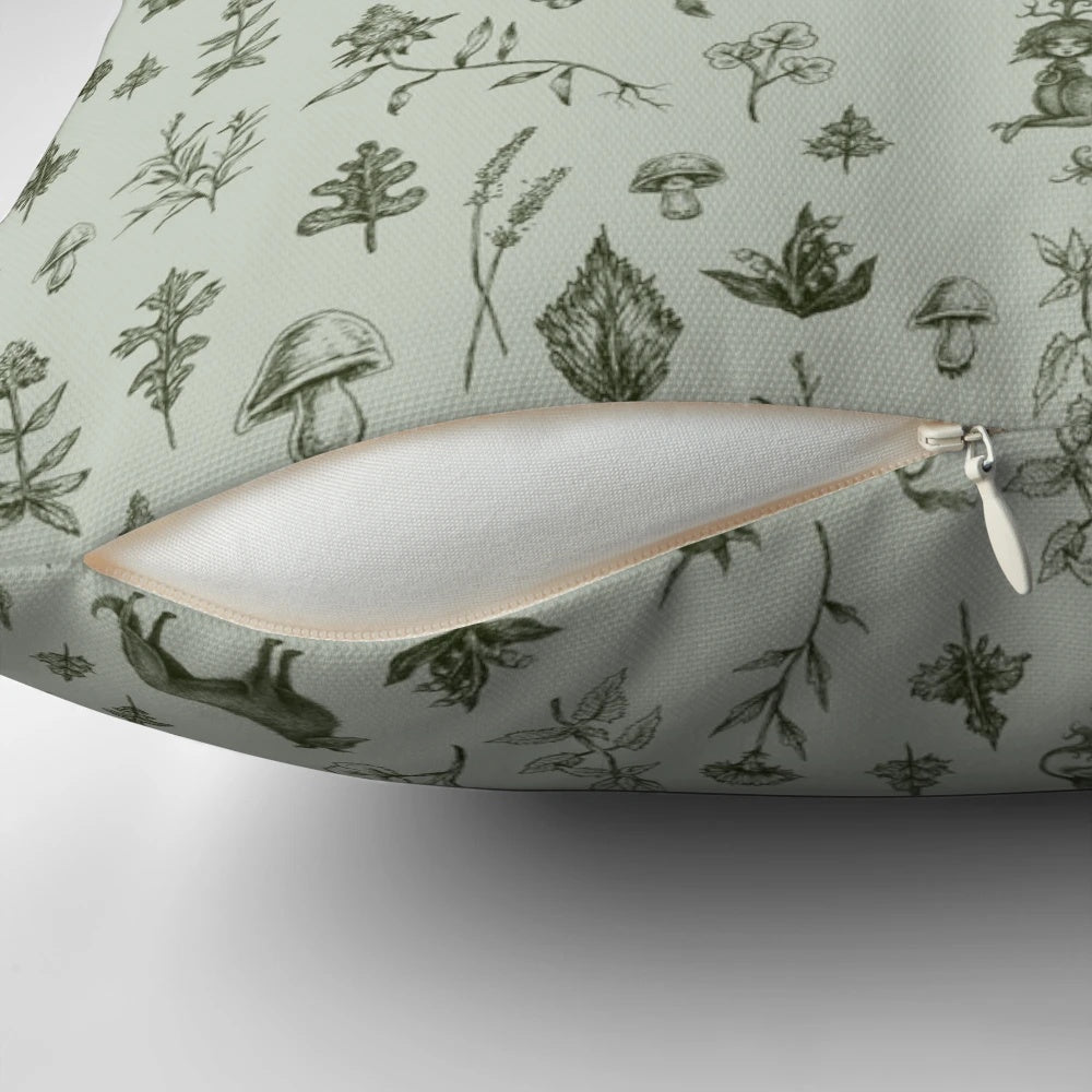 A whimsical medieval-inspired throw pillow featuring a colorful floral and foliage pattern with magical creatures.