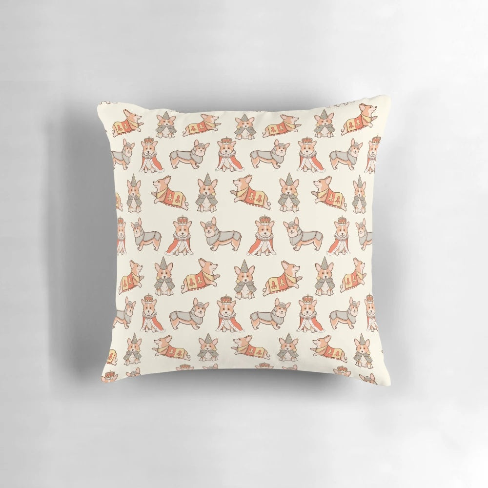 Decorative medieval fantasy-inspired corgi dog throw pillow with whimsical heraldry and crown design