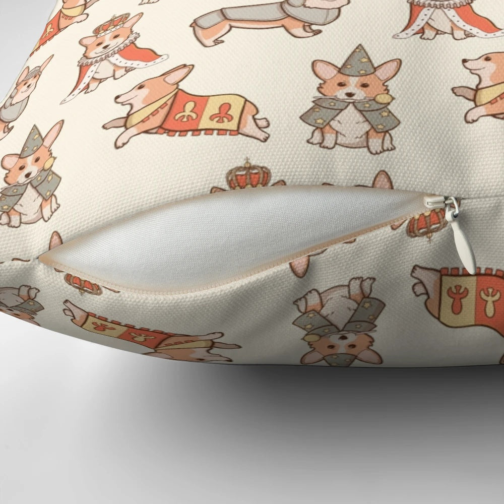 Decorative medieval fantasy-inspired corgi dog throw pillow with whimsical heraldry and crown design