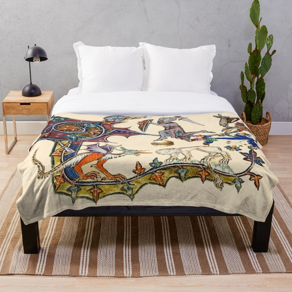Medieval fantasy plush blanket featuring digital collage of knight, dragon, and lion
