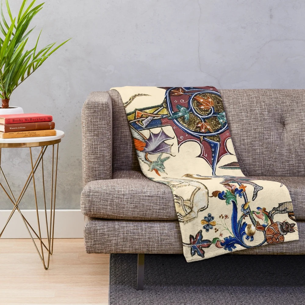 Medieval fantasy plush blanket featuring digital collage of knight, dragon, and lion