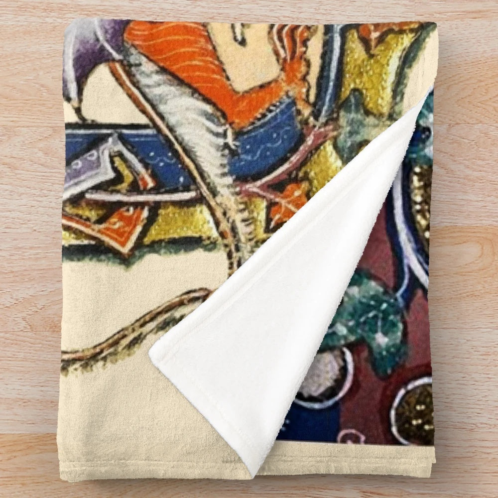 Medieval fantasy plush blanket featuring digital collage of knight, dragon, and lion