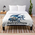 Plush blanket with medieval fantasy design featuring knights, dragons, and legendary animals