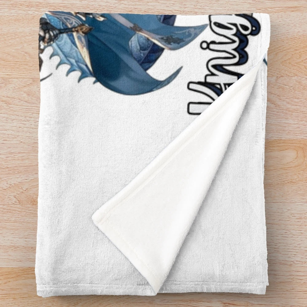 Plush blanket with medieval fantasy design featuring knights, dragons, and legendary animals