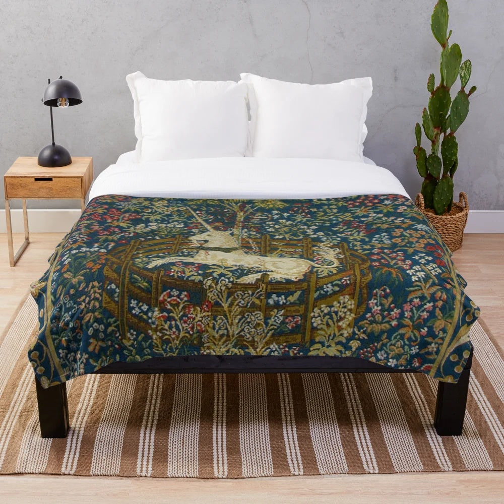 Medieval floral tapestry plush blanket featuring a mythical unicorn design