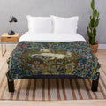 Medieval floral tapestry plush blanket featuring a mythical unicorn design