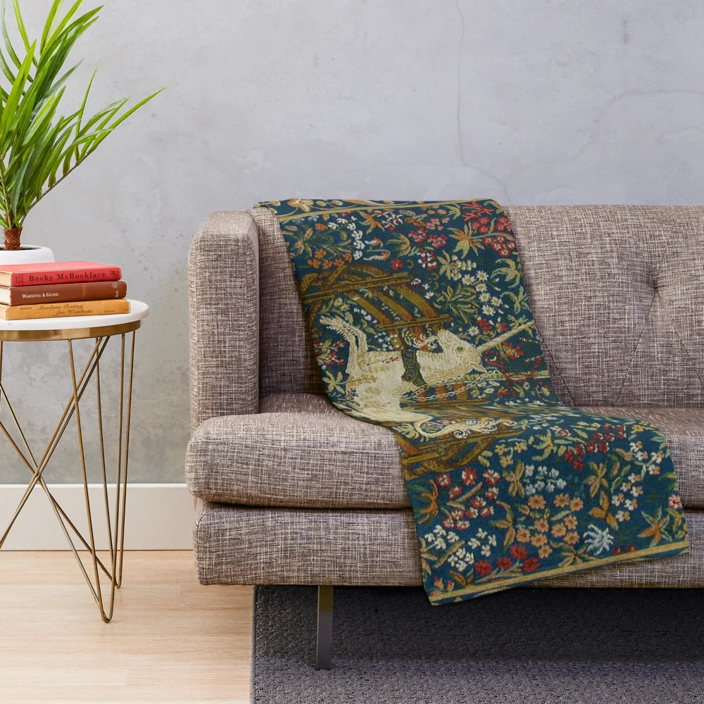 Medieval floral tapestry plush blanket featuring a mythical unicorn design