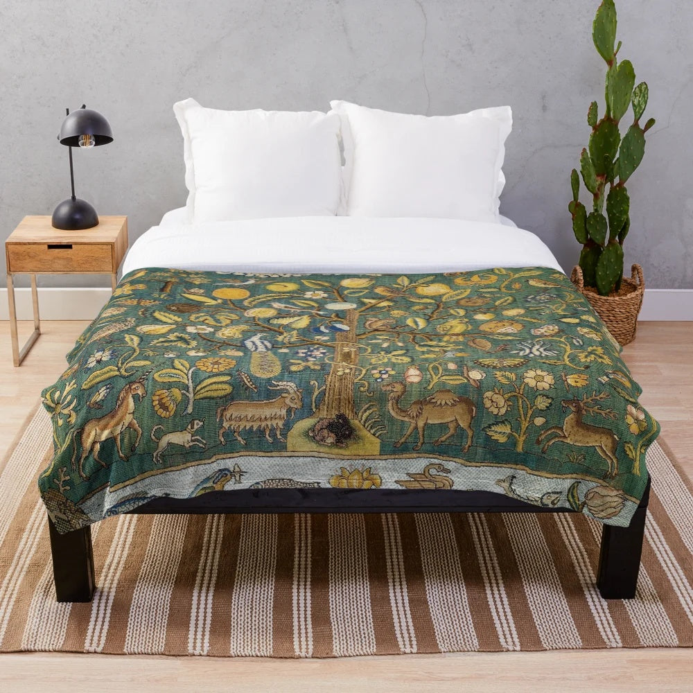 Plush blanket featuring a medieval floral tapestry design with mythical unicorns