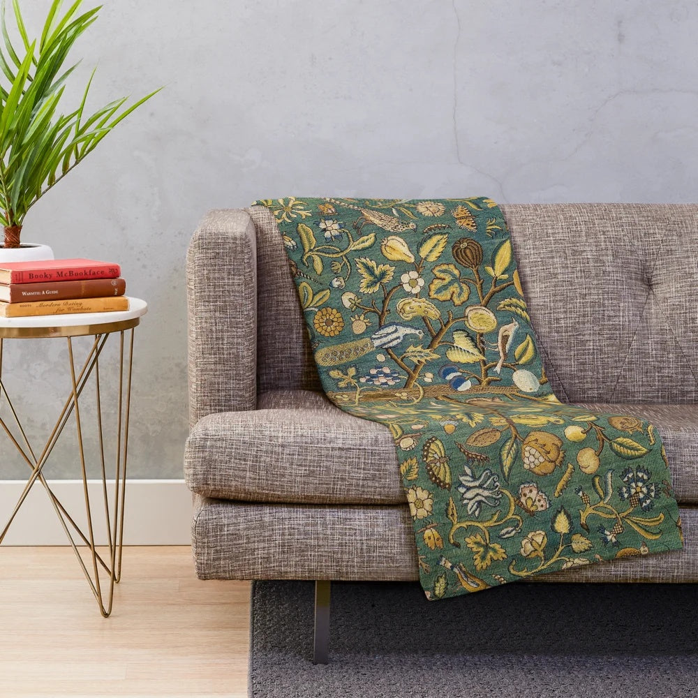 Plush blanket featuring a medieval floral tapestry design with mythical unicorns