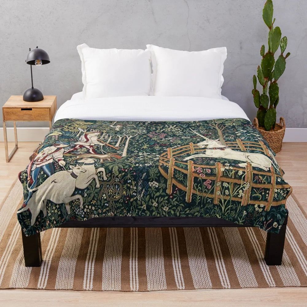 Medieval-inspired plush blanket with mythical floral tapestry design