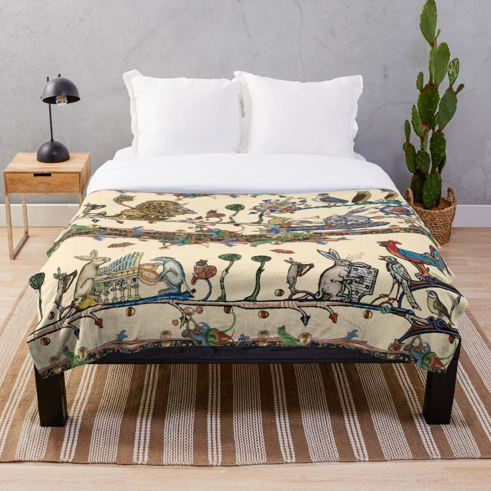 Whimsical plush blanket featuring a collage of medieval-style animals playing musical instruments