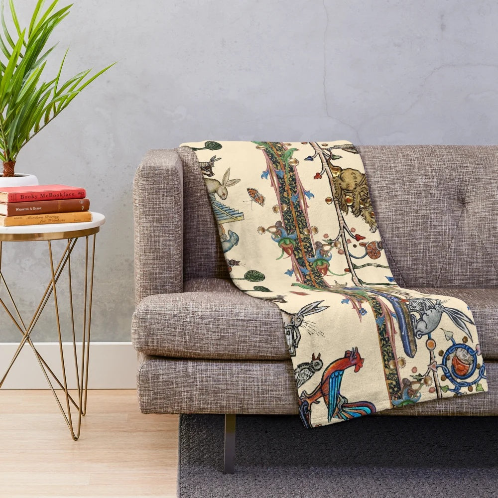 Whimsical plush blanket featuring a collage of medieval-style animals playing musical instruments