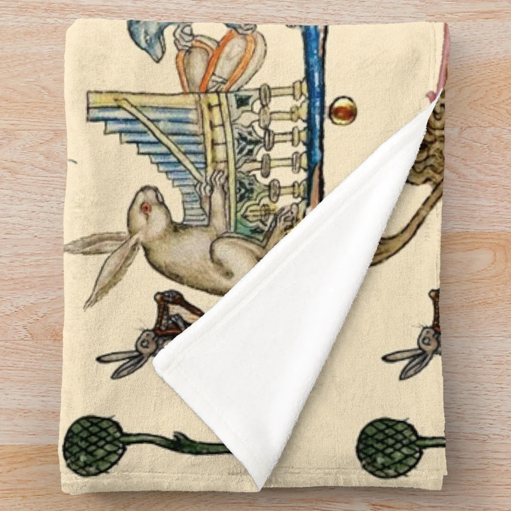 Whimsical plush blanket featuring a collage of medieval-style animals playing musical instruments