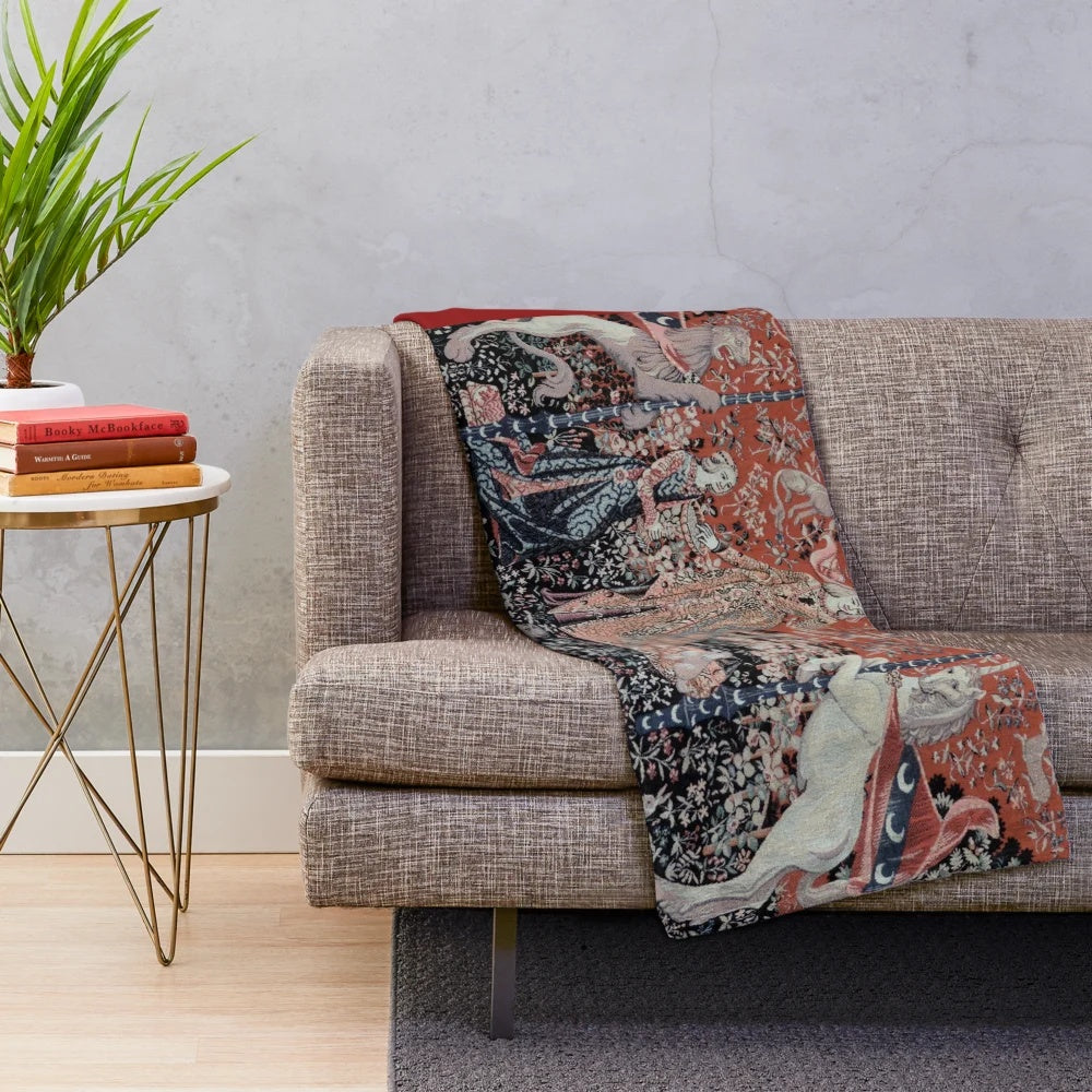 Soft, plush blanket featuring a medieval tapestry design with a magical unicorn