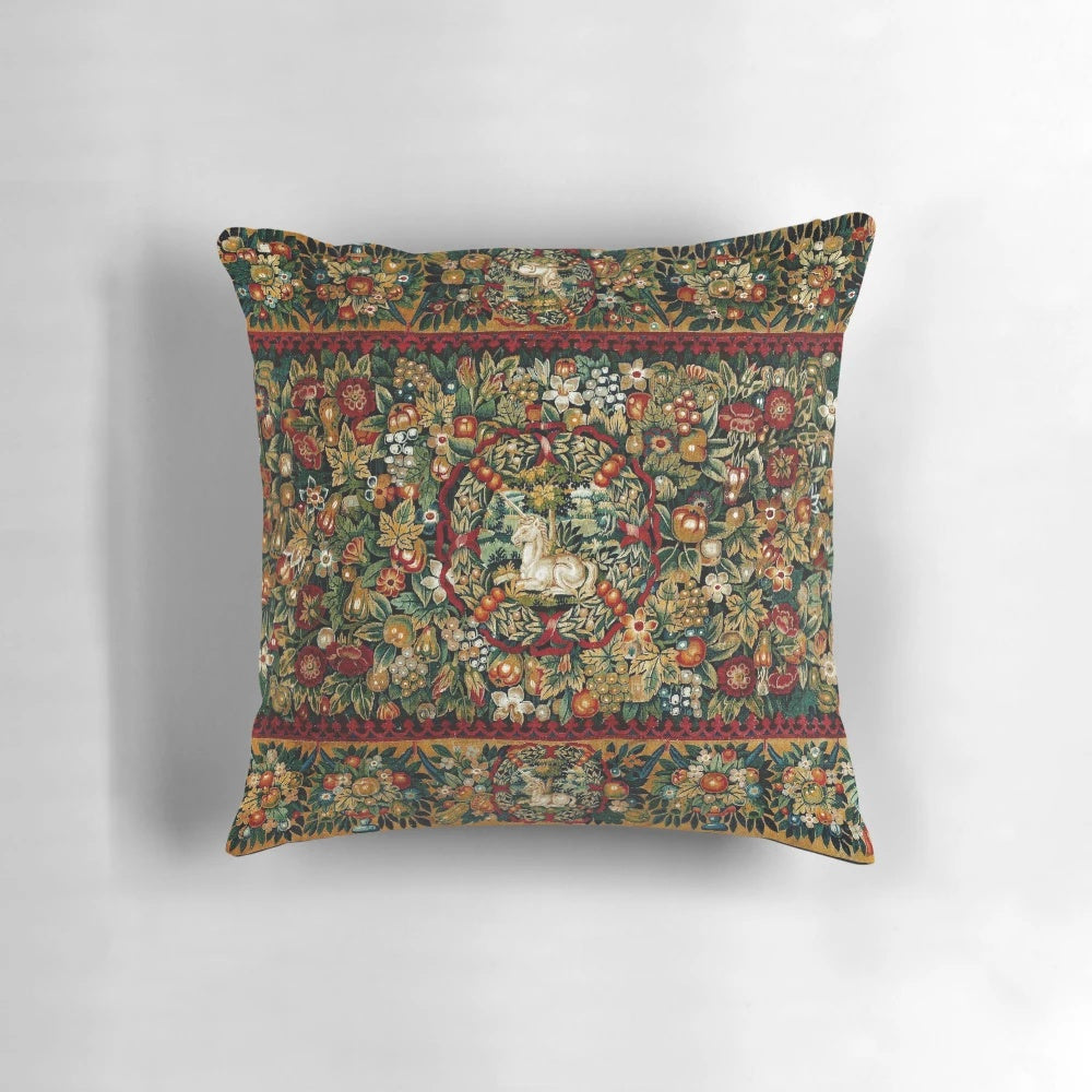 Decorative medieval-themed unicorn floral tapestry pillow