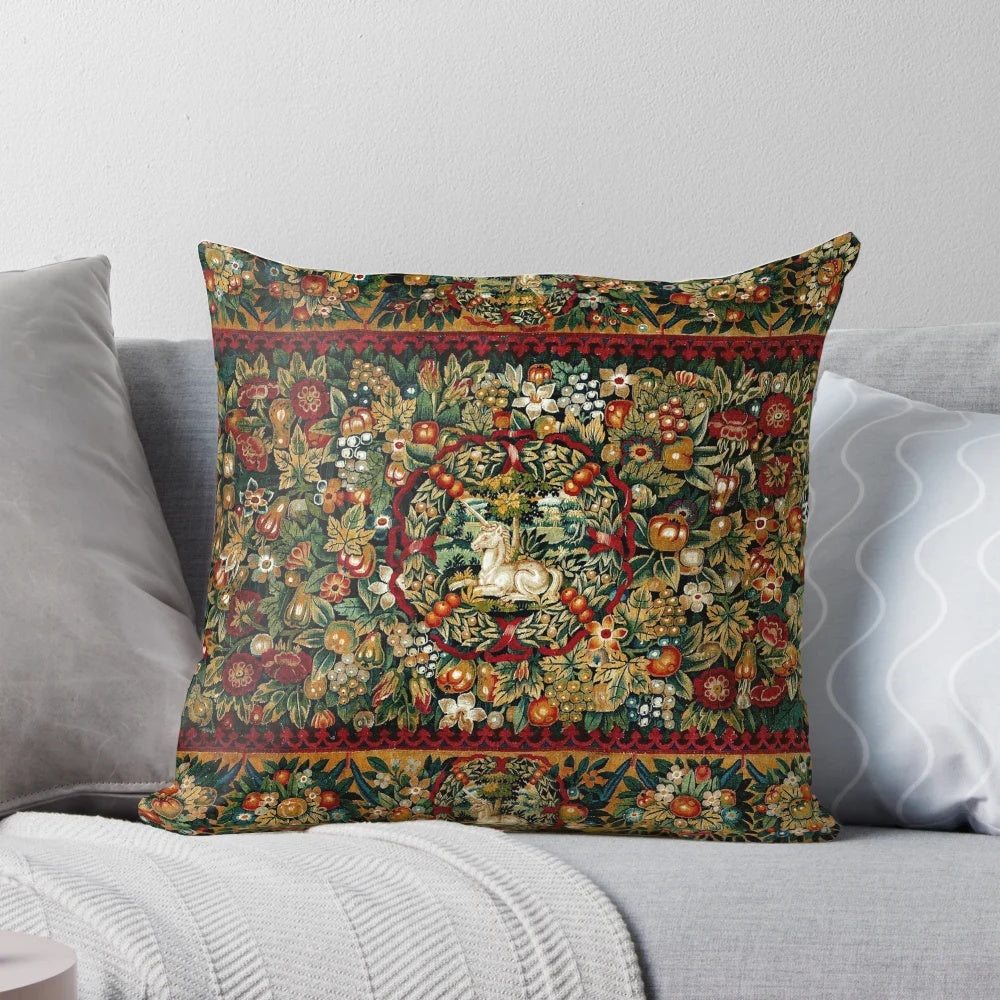 Decorative medieval-themed unicorn floral tapestry pillow