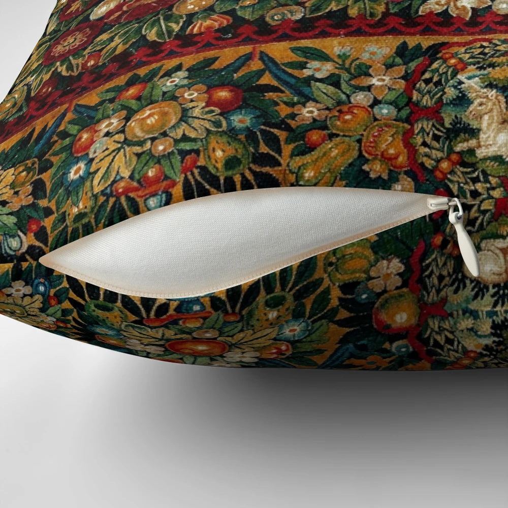 Decorative medieval-themed unicorn floral tapestry pillow