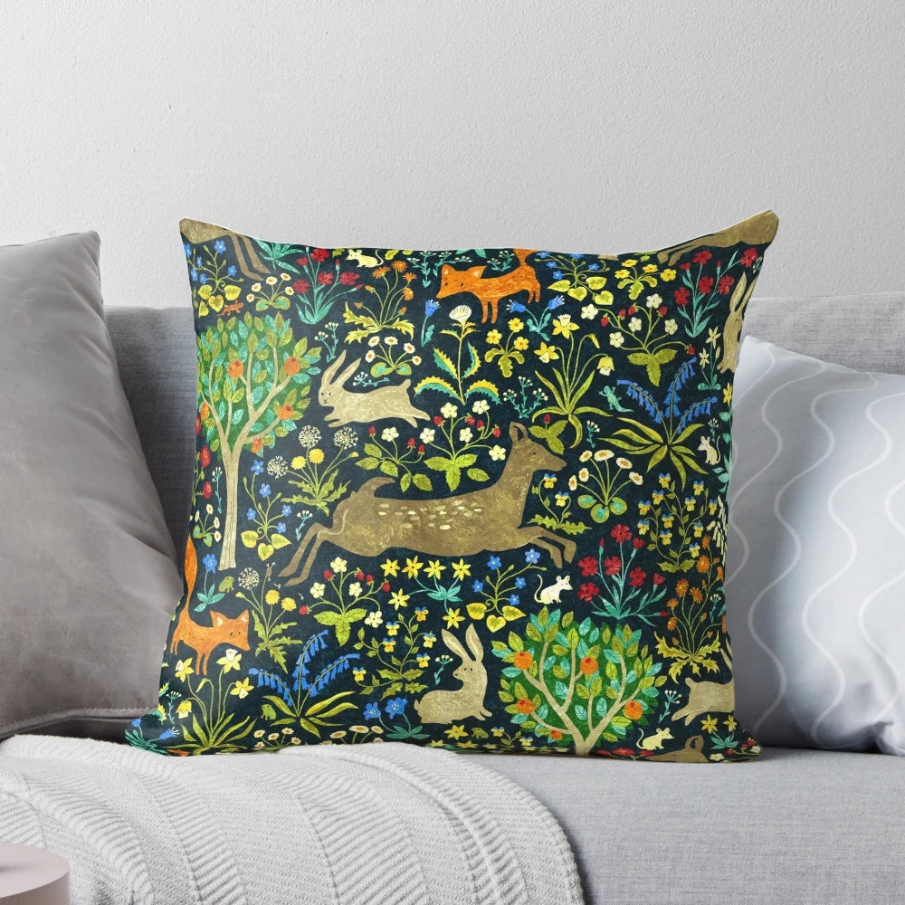 Arazzo Medievale Pillow - A decorative medieval-style pillow featuring a design with rabbits, deer, and other woodland creatures.
