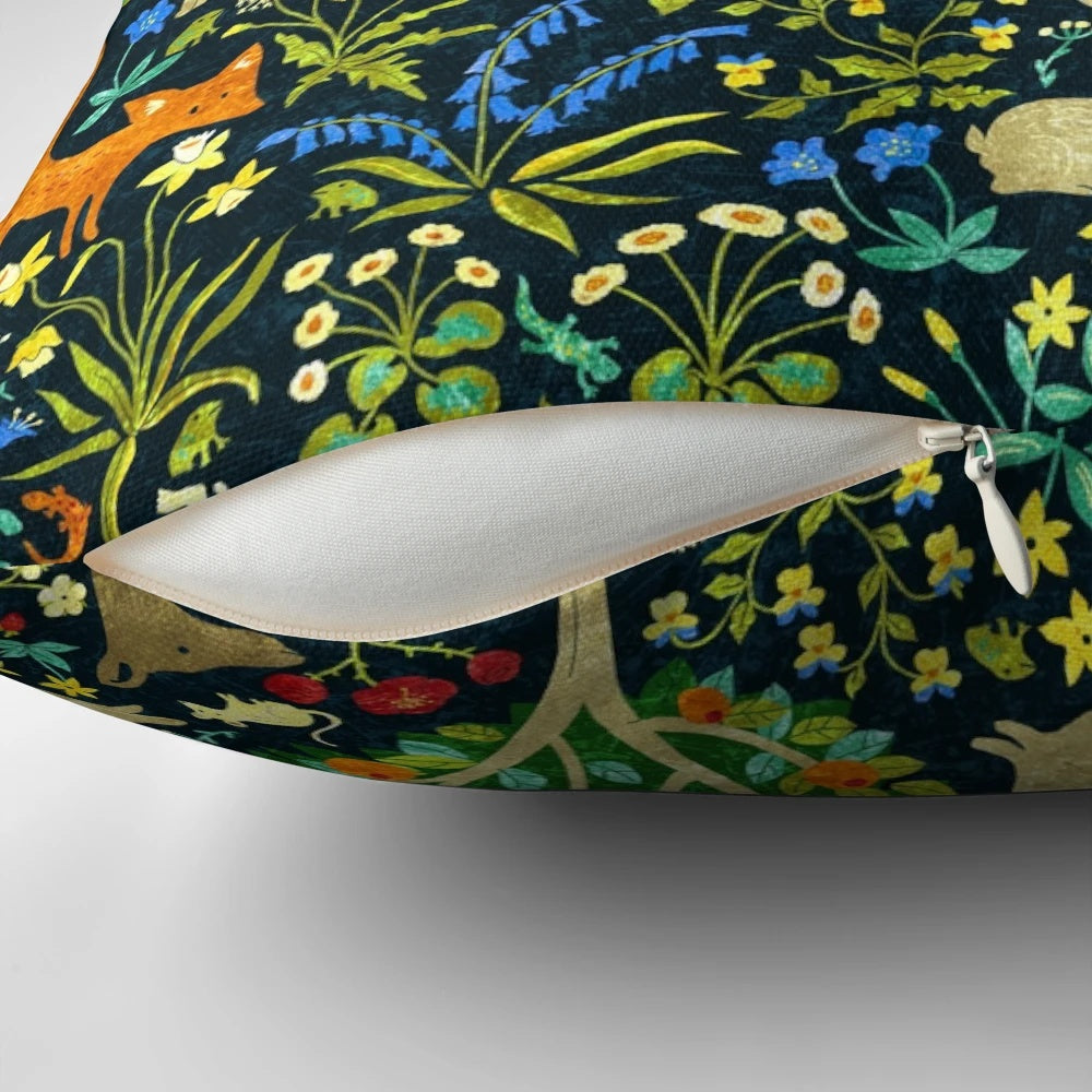 Arazzo Medievale Pillow - A decorative medieval-style pillow featuring a design with rabbits, deer, and other woodland creatures.