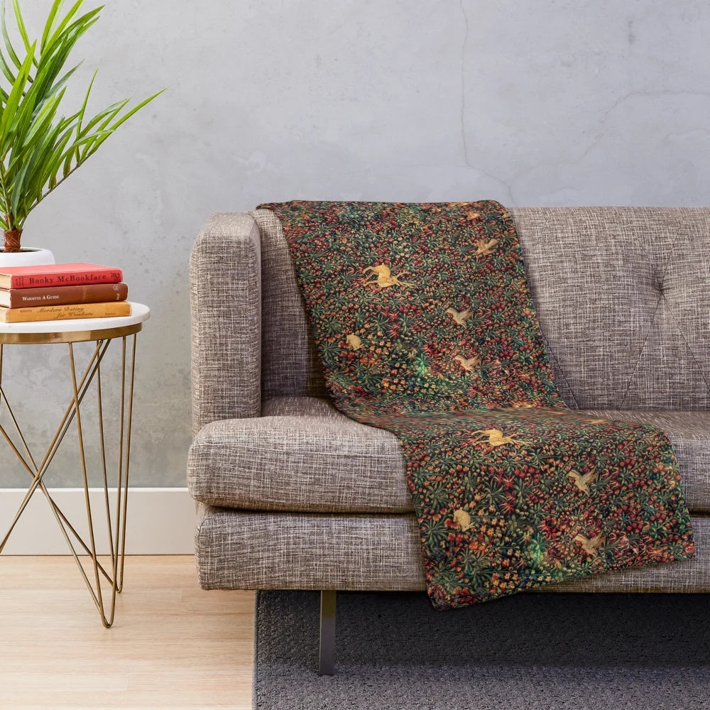 Medieval tapestry-inspired plush blanket with nature motifs