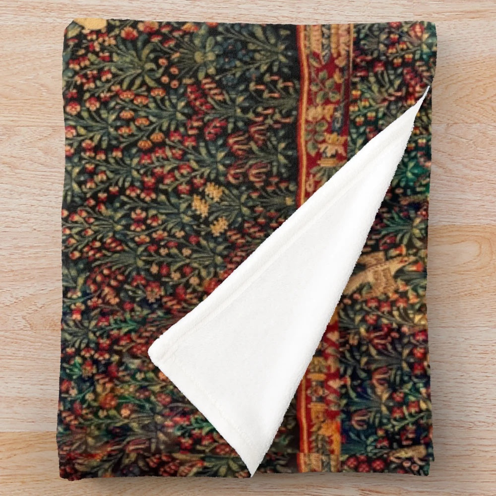 Medieval tapestry-inspired plush blanket with nature motifs