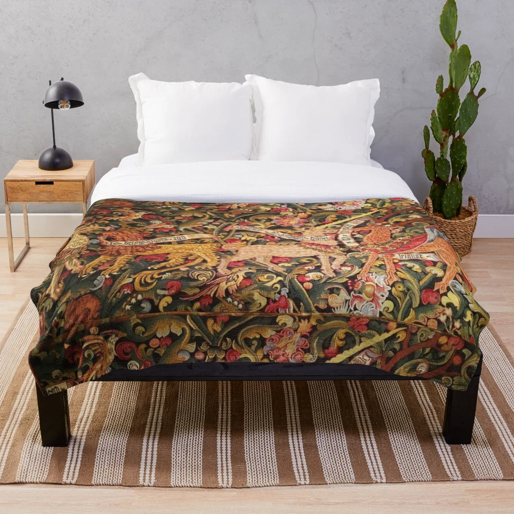 Plush blanket featuring a medieval-inspired design with mythical creatures like unicorns, dragons, and woodland animals surrounded by lush floral patterns.