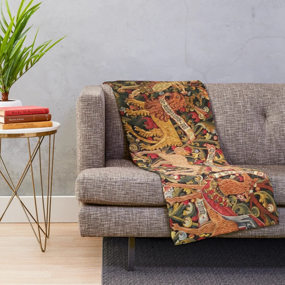 Plush blanket featuring a medieval-inspired design with mythical creatures like unicorns, dragons, and woodland animals surrounded by lush floral patterns.