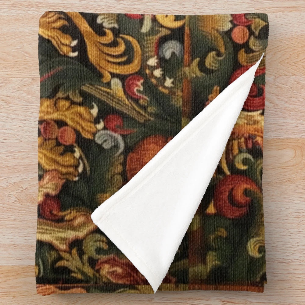 Plush blanket featuring a medieval-inspired design with mythical creatures like unicorns, dragons, and woodland animals surrounded by lush floral patterns.