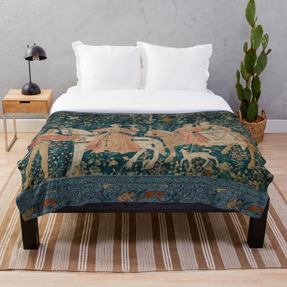 Medieval tapestry plush blanket featuring a hawk hunt design